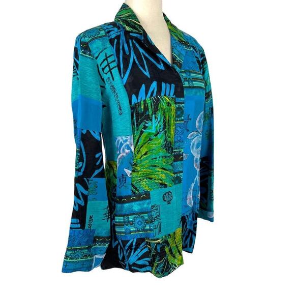 Chico's Oriental Art-to-Wear Patchwork Silk Linen Blazer Jacket Turquoise SZ 4 - Picture 5 of 15